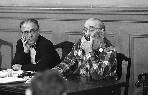 George Woolf (right) and Peter Mendelsohn (left) on panel at a meeting of Tenants and Owners in Opposition to Redevelopment (TOOR) at Milner Hotel, 117 4th Street Dec 1970 TOR-0127.jpg