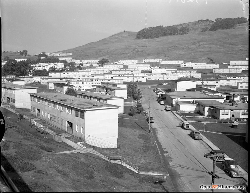 C1953 View north over the Candlestick Cove housing project, built in 1943 as housing for Hunters Point Naval Shipyard workers started to be demolished for 101 freeway in the mid 1950s and the remainder1960s opensfhist.jpg