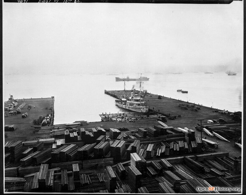 16th and Terry Francois April 14 1925 Elevated View east from the Loop Lumber Tower toward the 16th Street piers. Remnants of these piers can be seen opensfhistory wnp36.03207.jpg