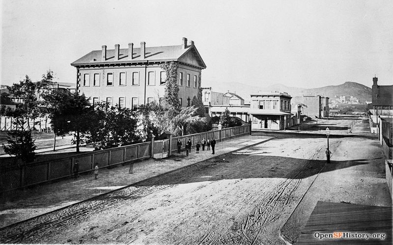 15th and Mission 1868 View west 15th Street from Mission, Corona Heights in background. Large brick building is the State Asylum for the Blind and Deaf, southeast corner of 15th and Mission wnp26.1107.jpg